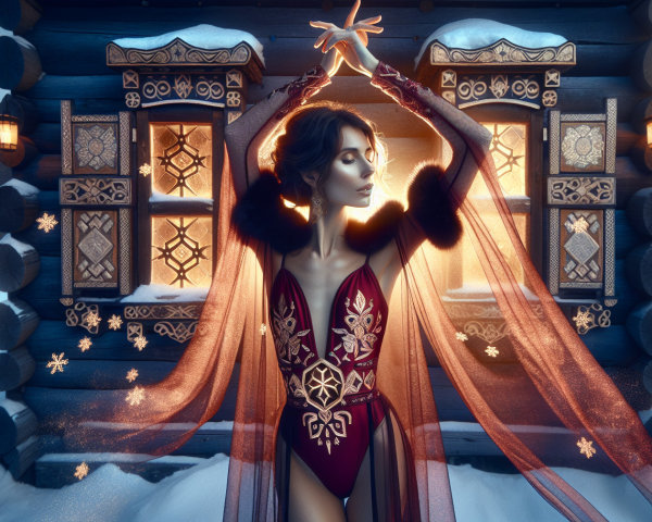 Young woman in red outfit poses in snowy cabin scene