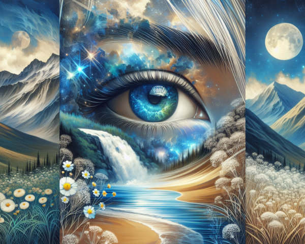 Surreal Landscape with Cosmic Eye and Mountains