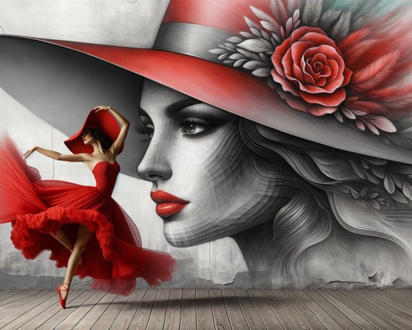 Dancer in Red Dress Against Elegant Mural Background