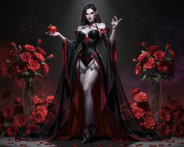 Vampire Woman in Intricate Black and Red Gown