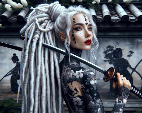 Figure with Tattoos and Katana in Asian Motif Background