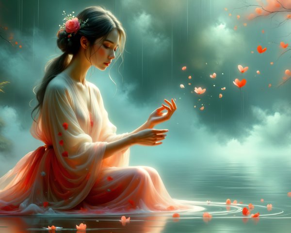 Young woman by tranquil pond in misty landscape