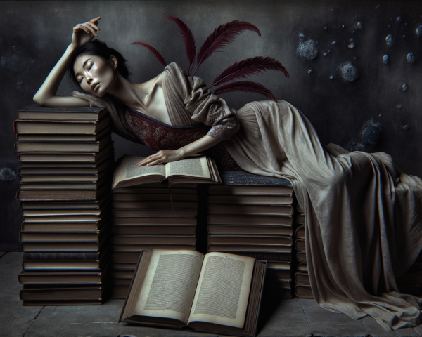 Serene Figure on Antique Books with Vibrant Feathers