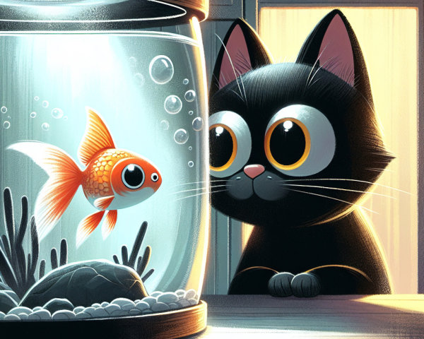 Black Cat Observes Goldfish in Cozy Room Setting
