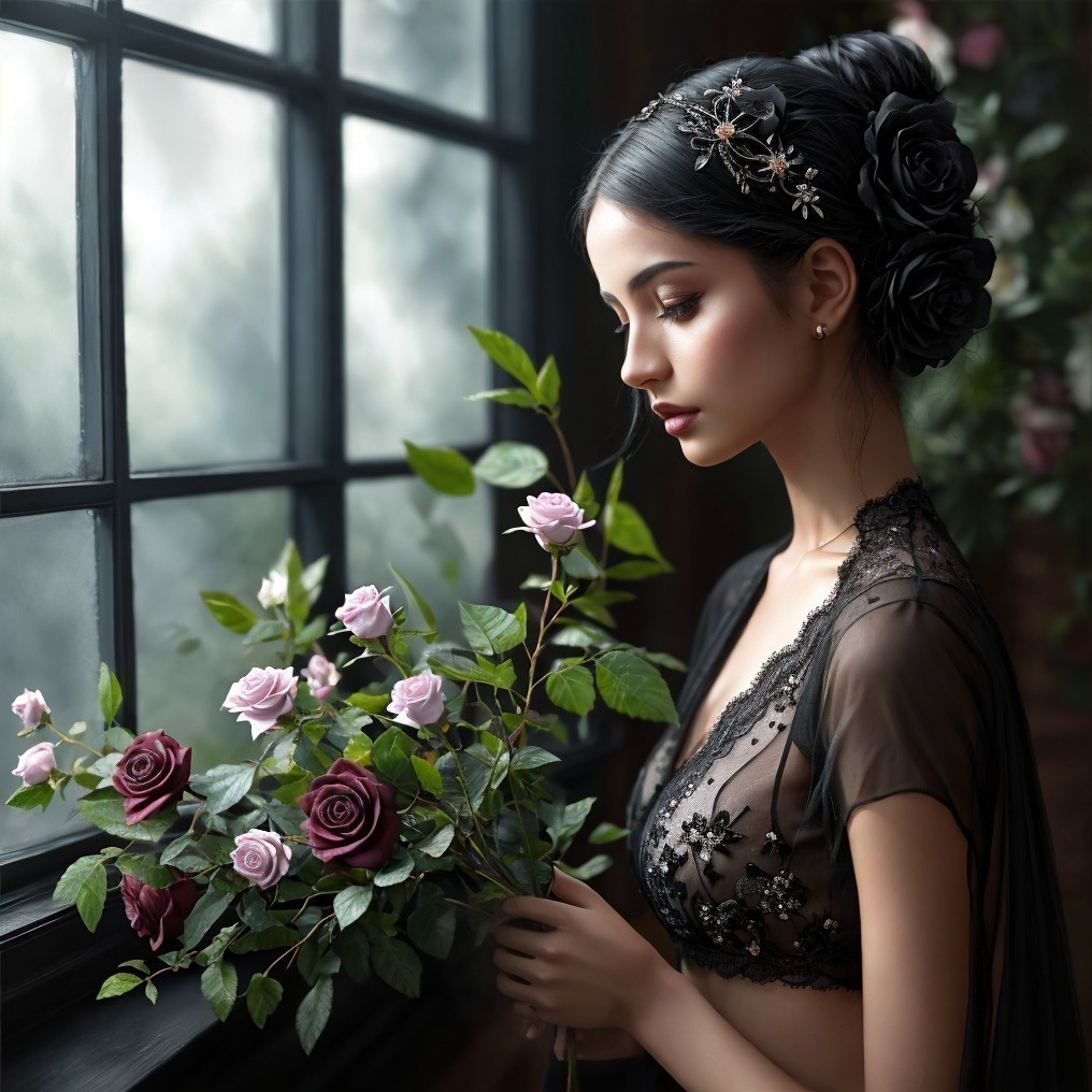 Young Woman in Lace Top by Window with Roses