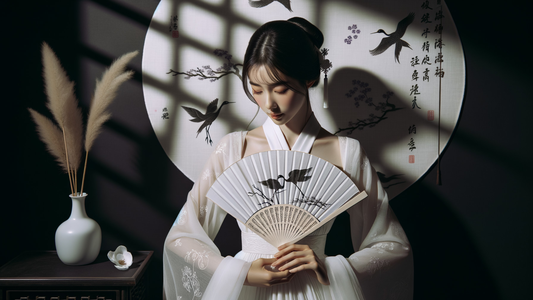 Serene Young Woman in Elegant White Garment with Fan