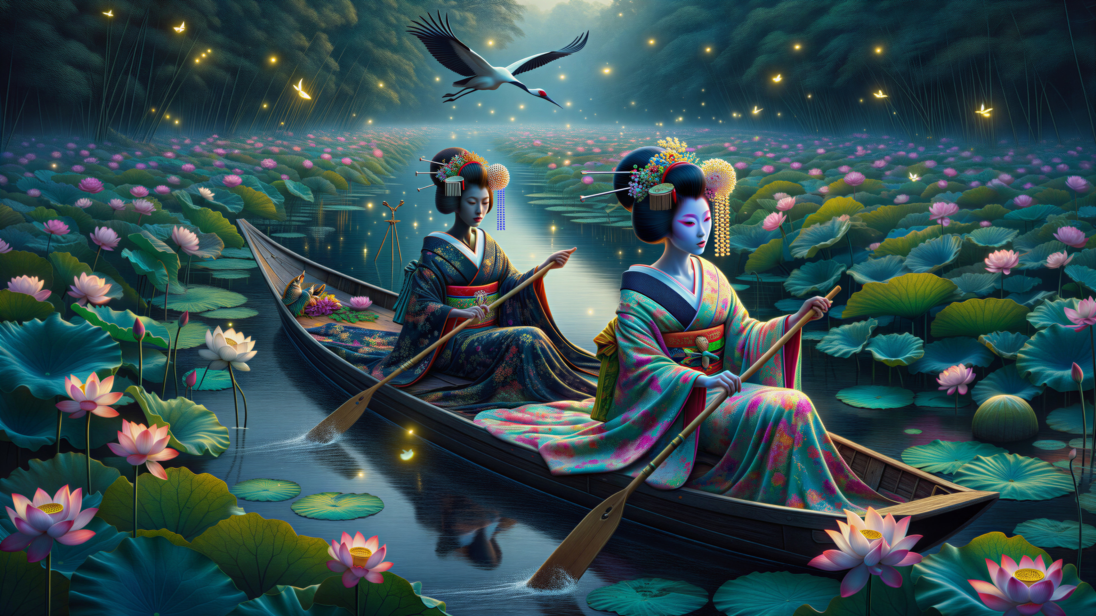 Women in Kimonos in a Serene Waterway Scene