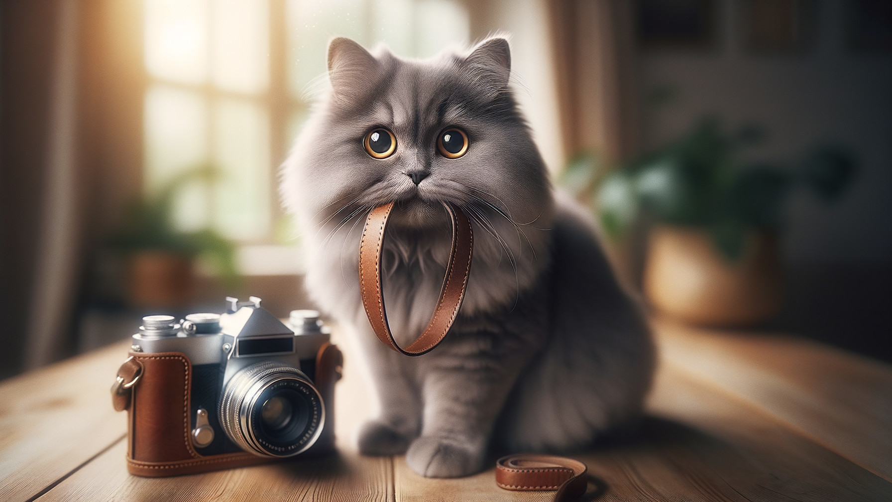 Fluffy Gray Cat with Camera Strap in Cozy Space