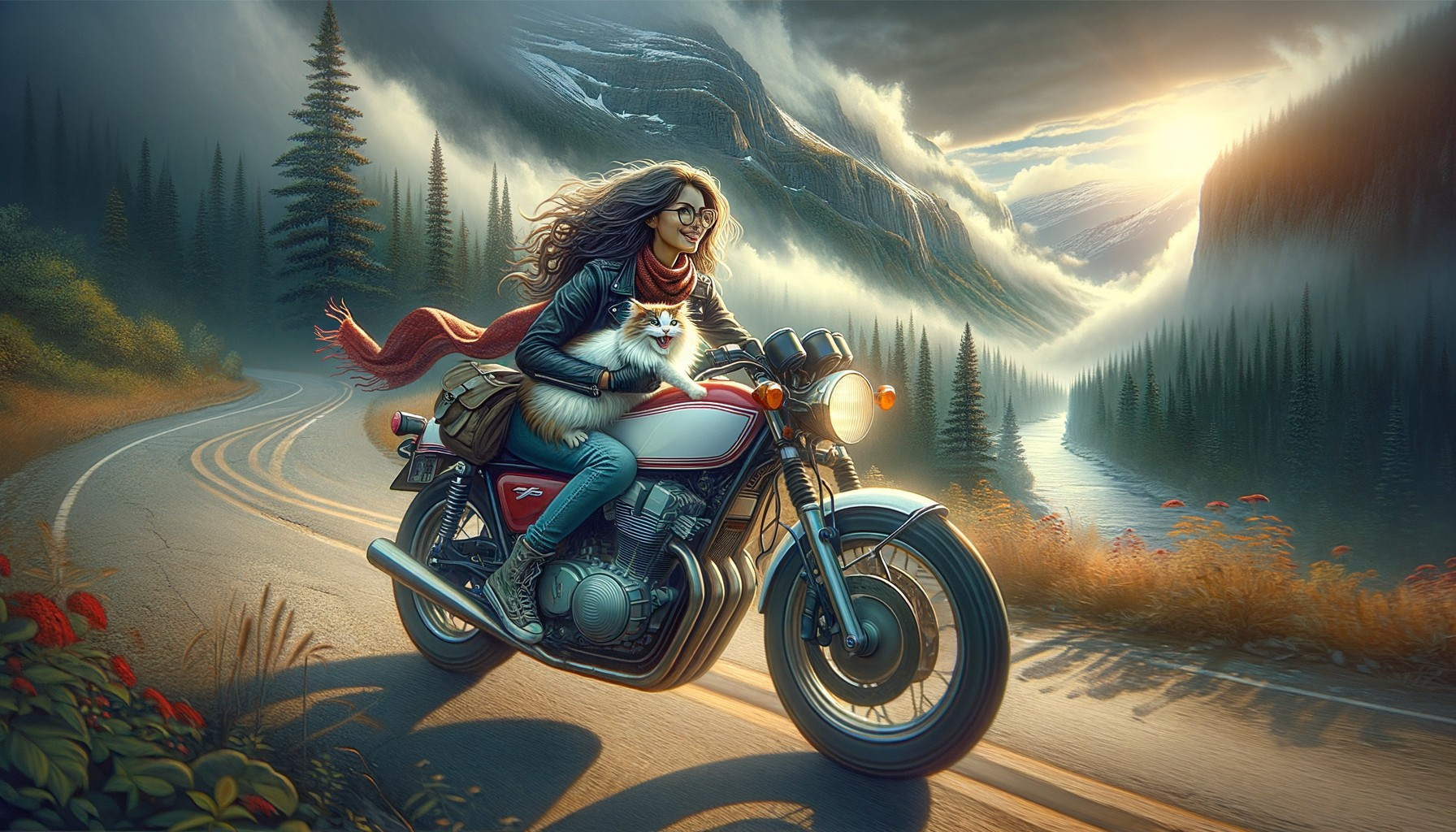 Woman on motorcycle with cat in scenic mountain setting