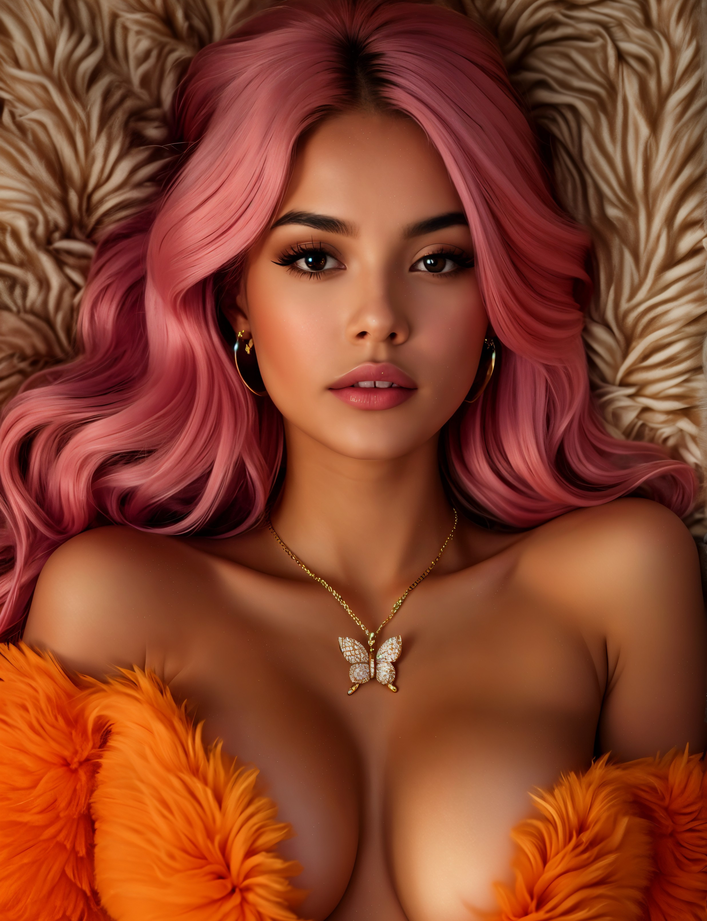 Close-up of a young woman with pink hair and pendant