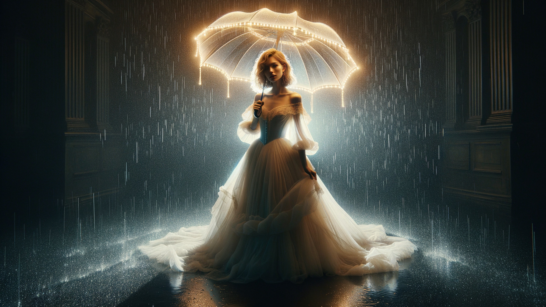 Serene Figure in White Gown with Glowing Umbrella