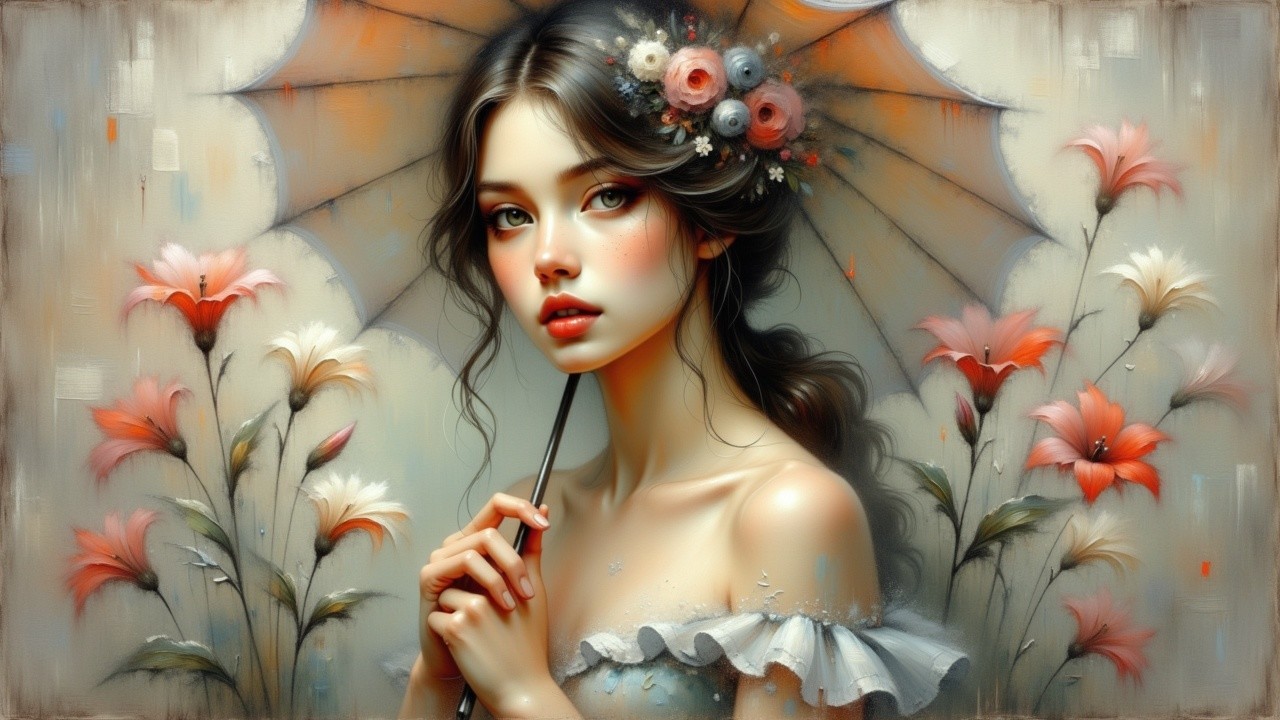 Young woman with floral umbrella in vibrant blooms