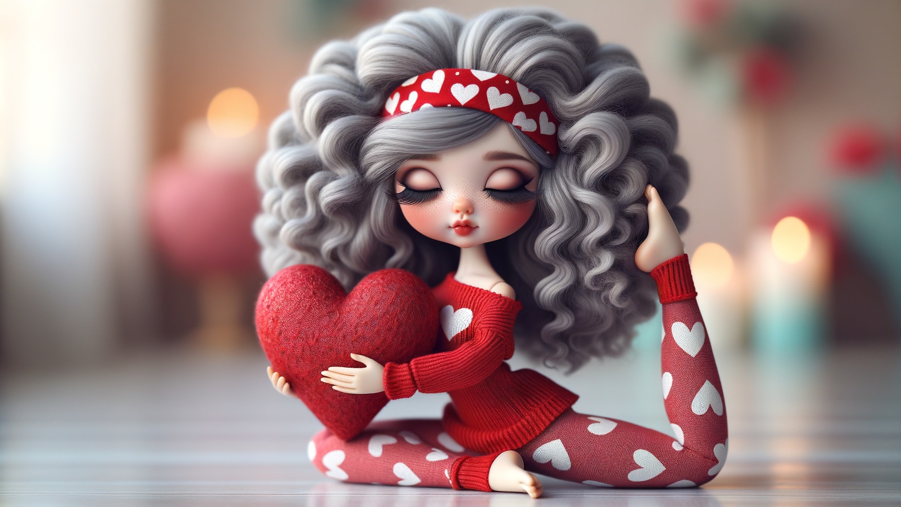 Whimsical Doll with Gray Curls and Red Heart