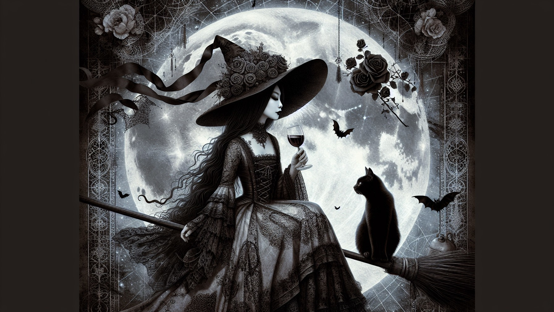Witch on Broom with Moon, Cat, and Gothic Decor