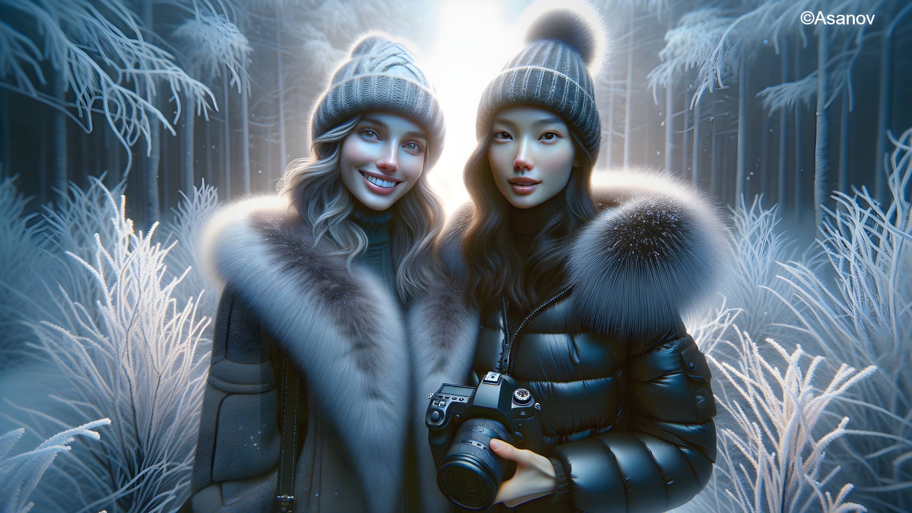 Fashionable Women in Snowy Forest with Winter Coats