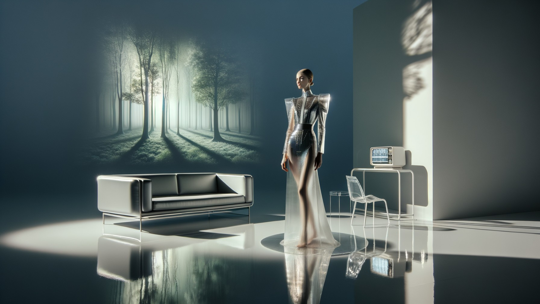 Futuristic Scene with Transparent Outfit and Minimalist Room