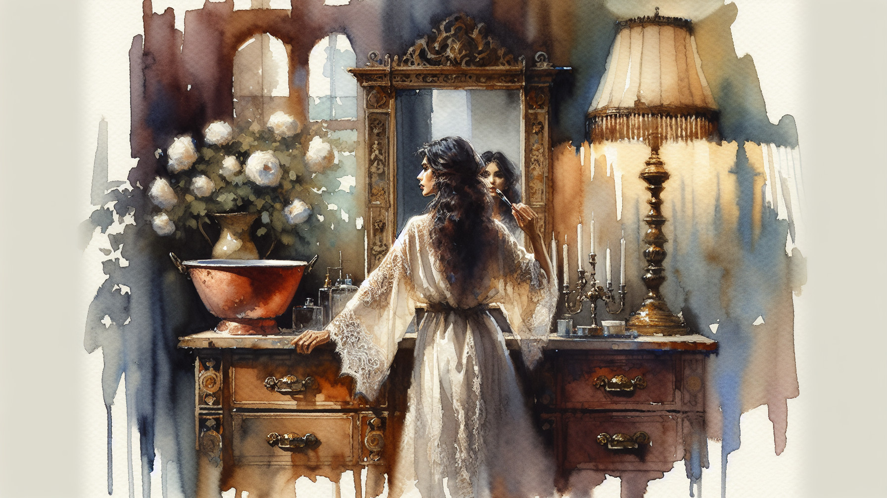 Woman in White Robe Reflecting in Ornate Mirror