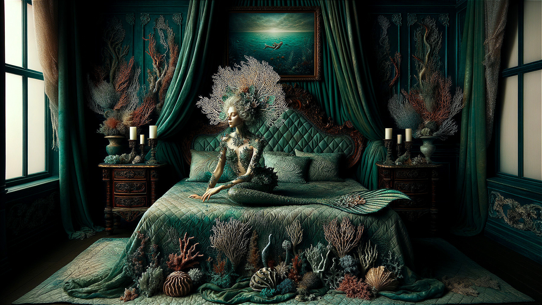 Underwater-themed room with mermaid and coral decor
