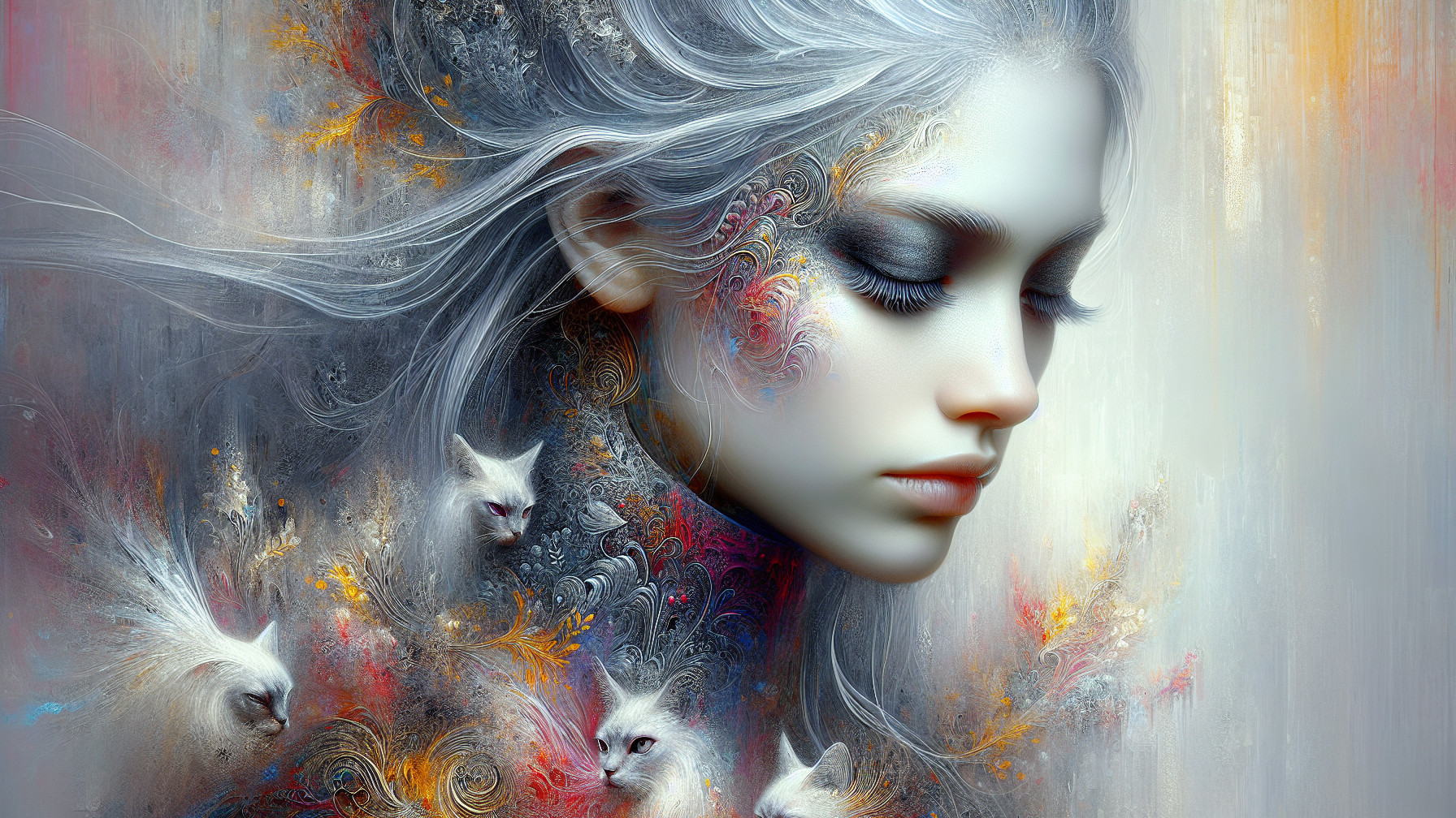 Portrait of a woman with silver hair and mystical cats