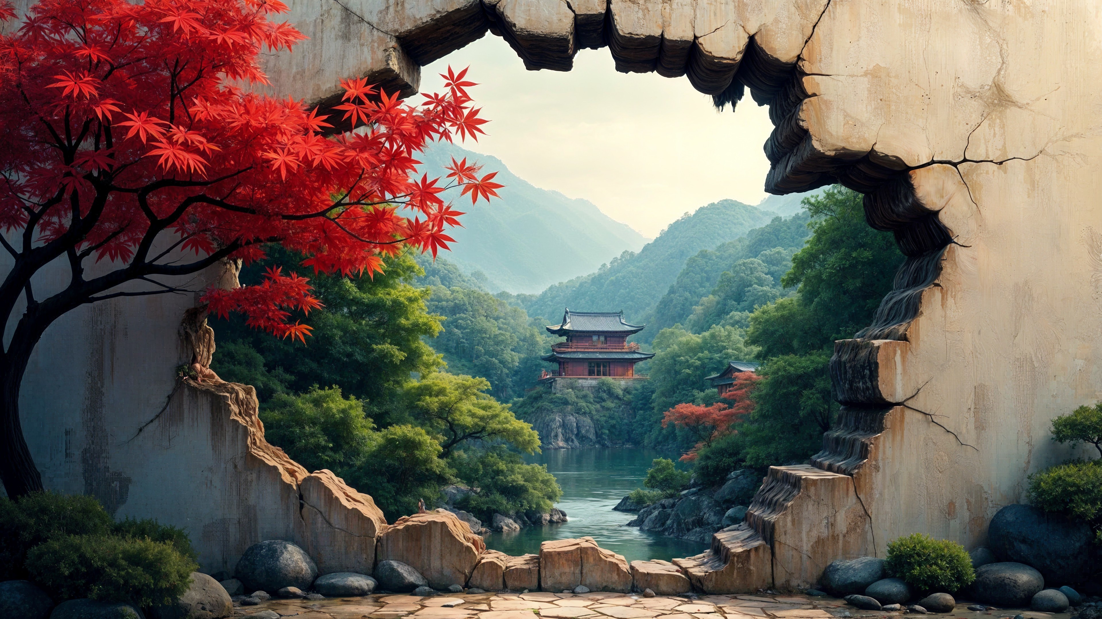 Serene Landscape Through a Crumbling Stone Archway