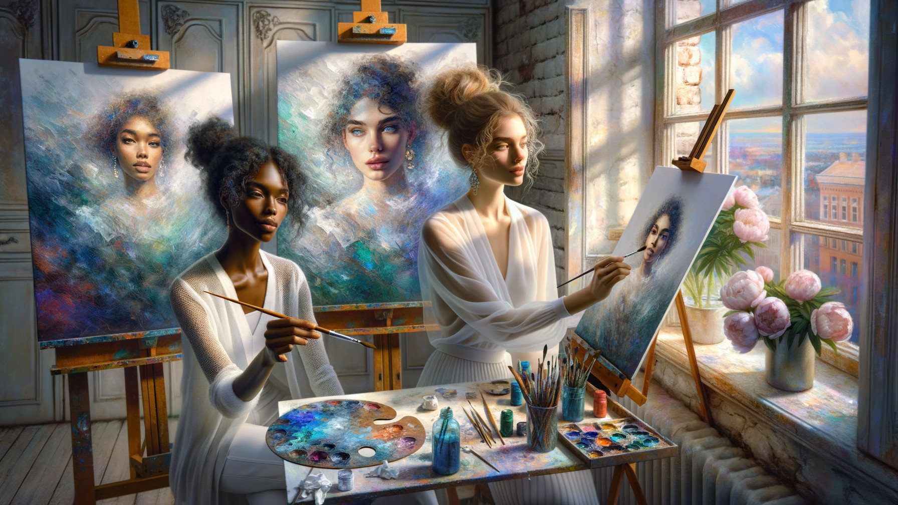 Women Painting Portraits in Sunlit Art Studio