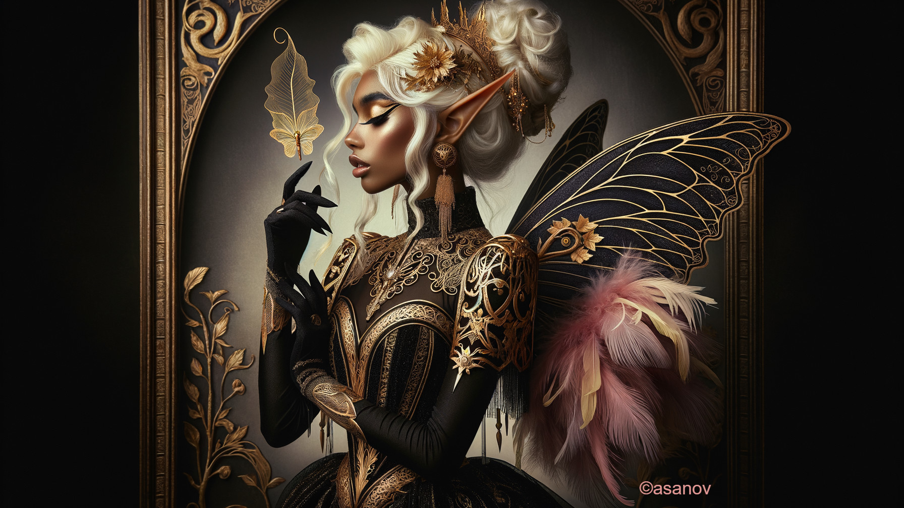 Elegant Fantasy Figure with Golden Butterfly Wings