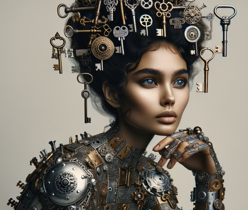 Model with Vintage Key Headdress and Steampunk Outfit
