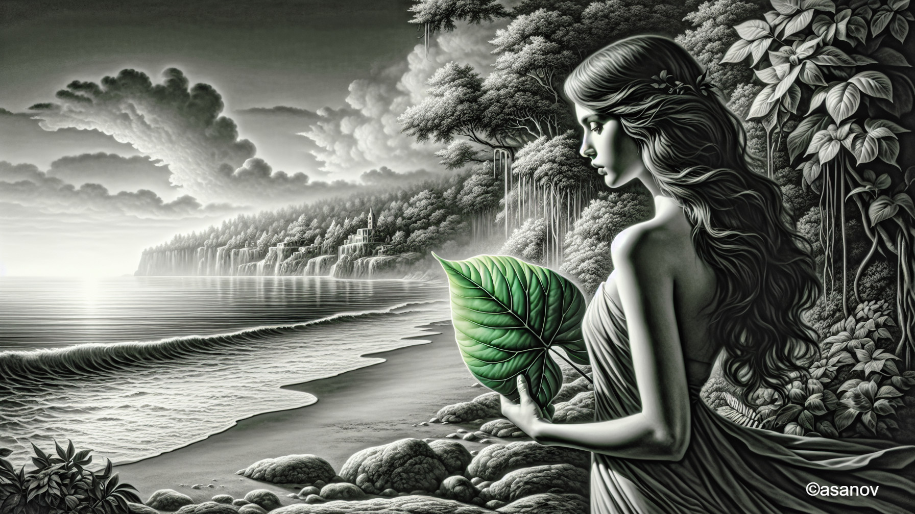Monochromatic Landscape with Woman by the Ocean