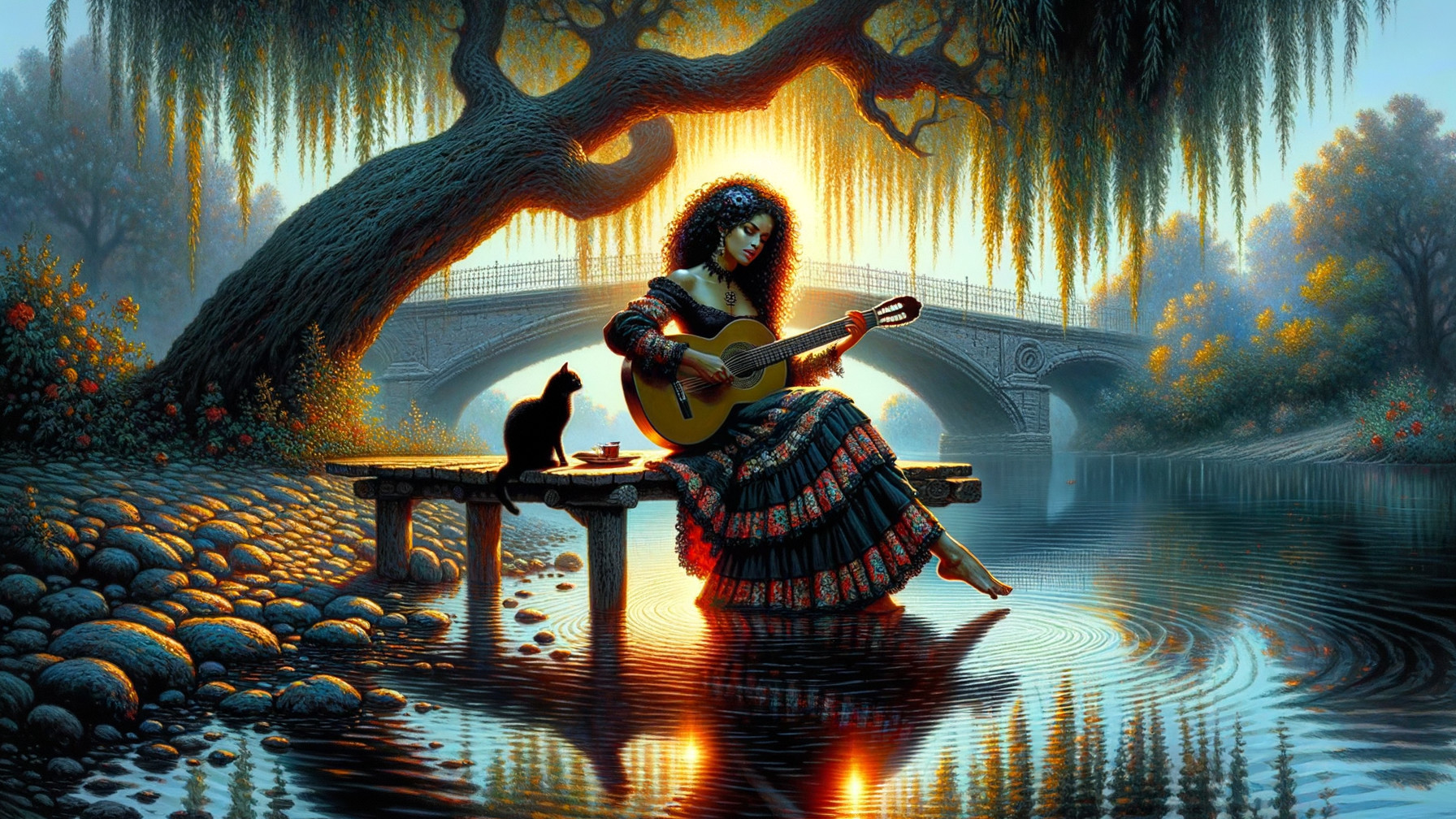 Serene River Scene with Woman, Cat, and Bridge