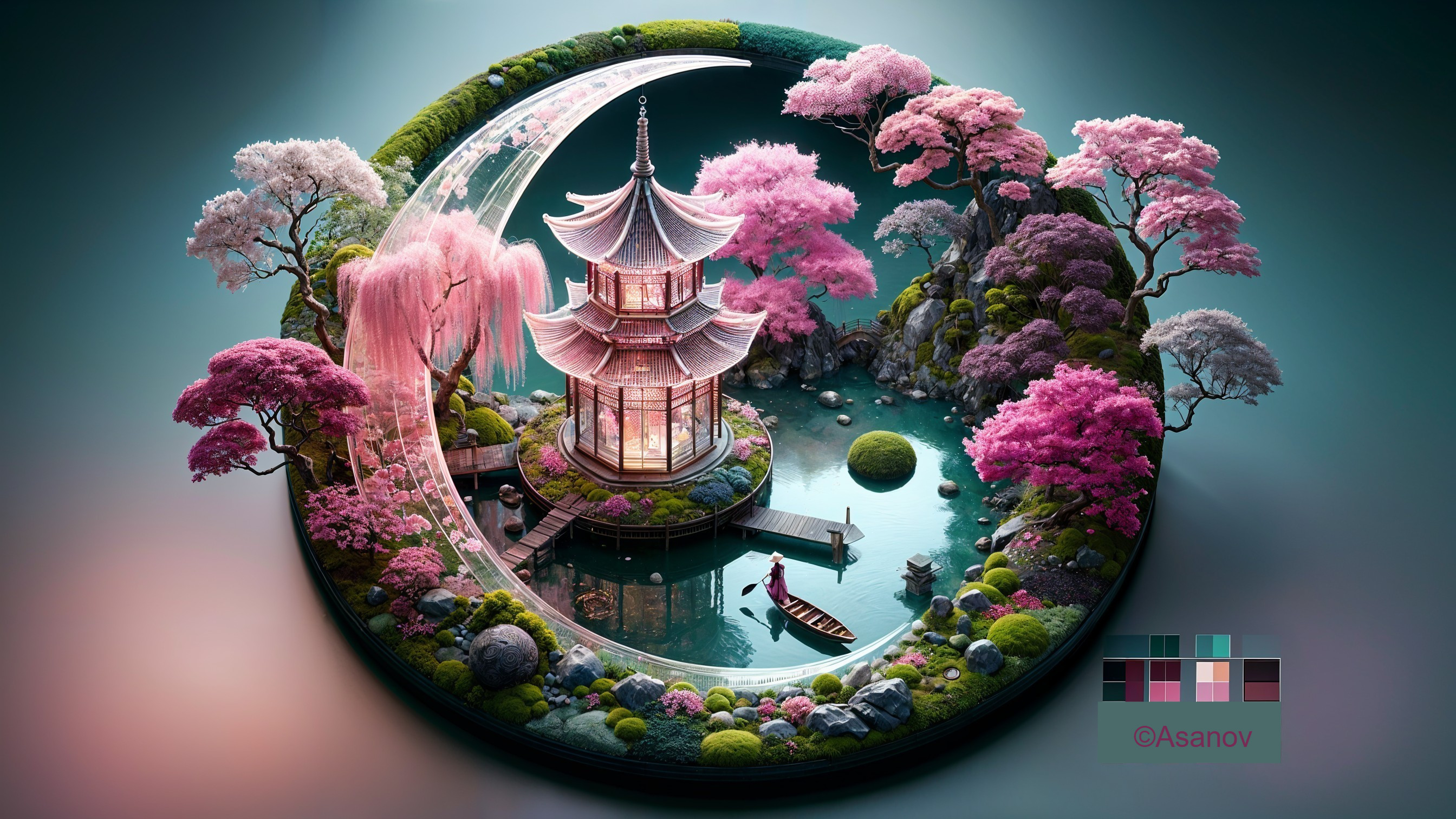 Serene Pagoda Landscape with Cherry Blossoms and Pond