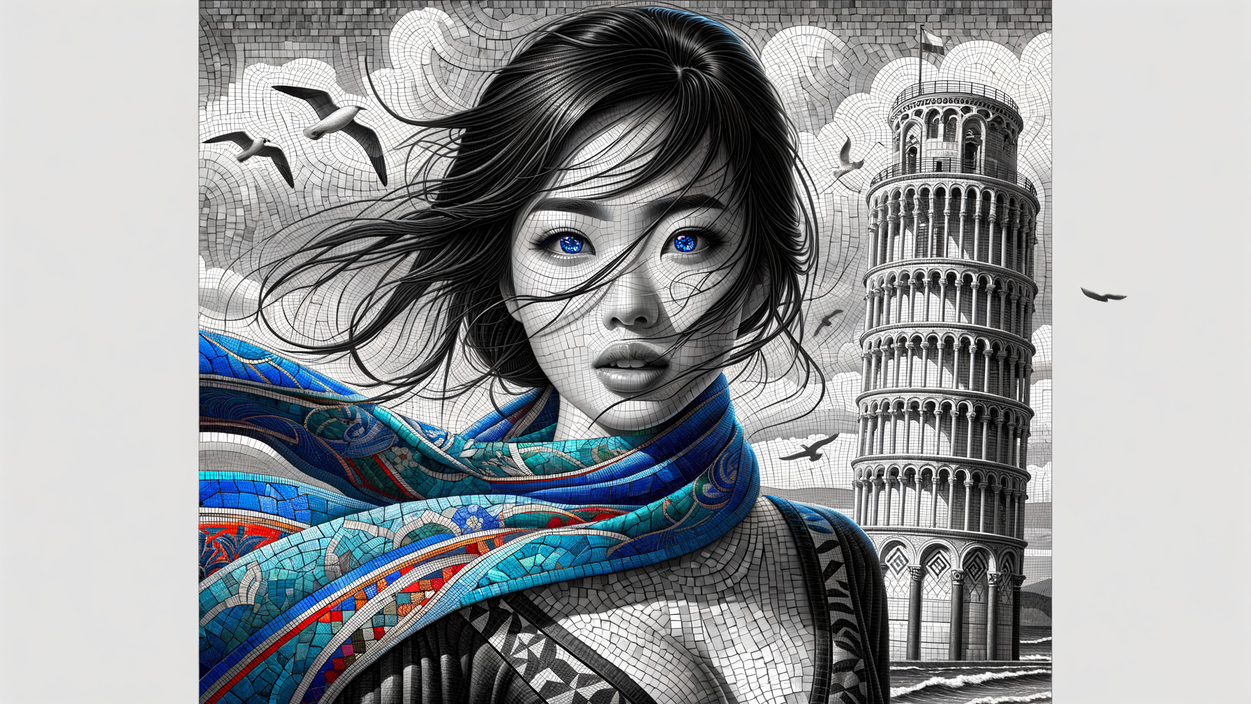 Portrait of a Woman with Blue Eyes and Pisa Background