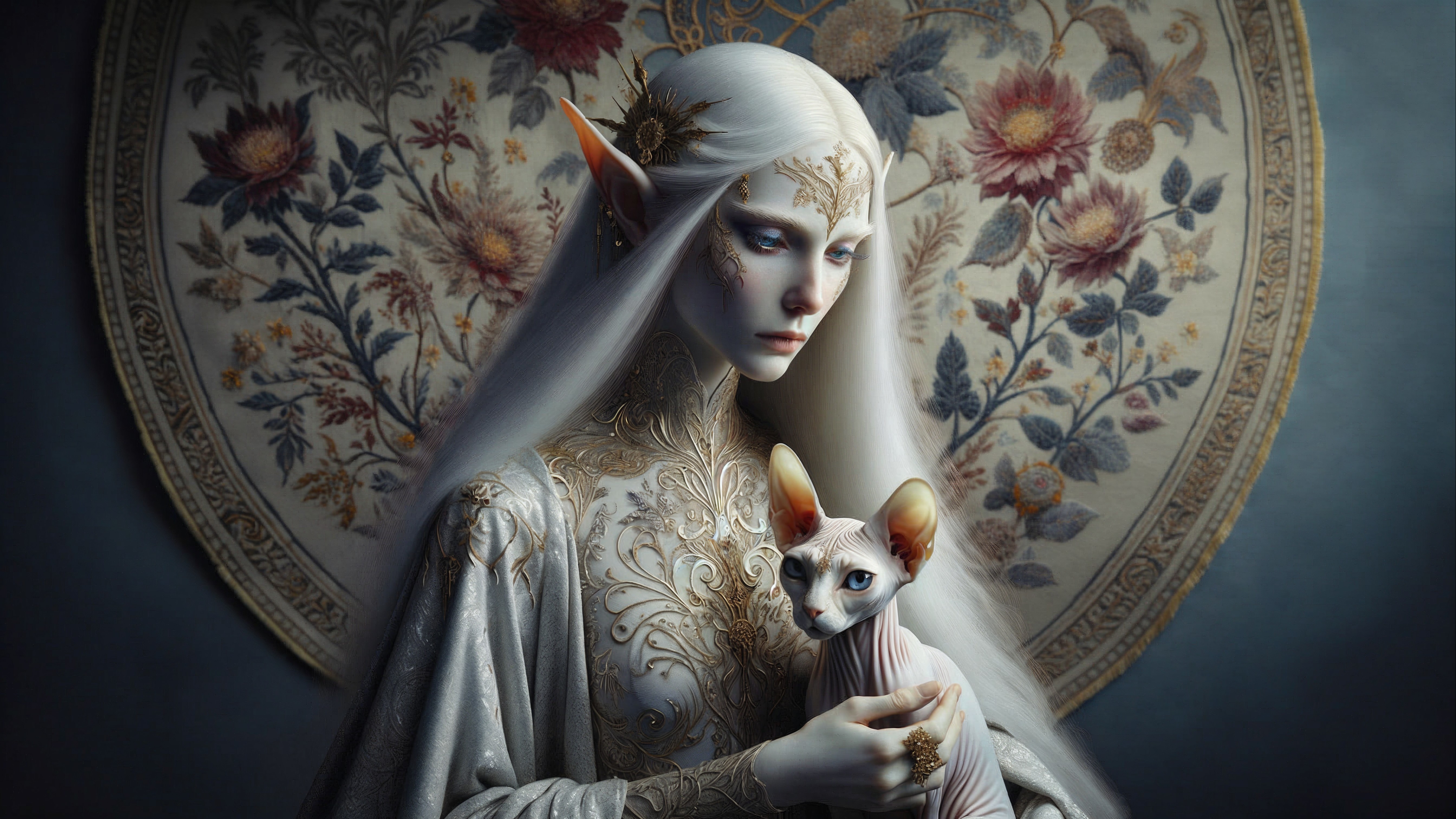 Ethereal Figure with Cat and Floral Tapestry Background