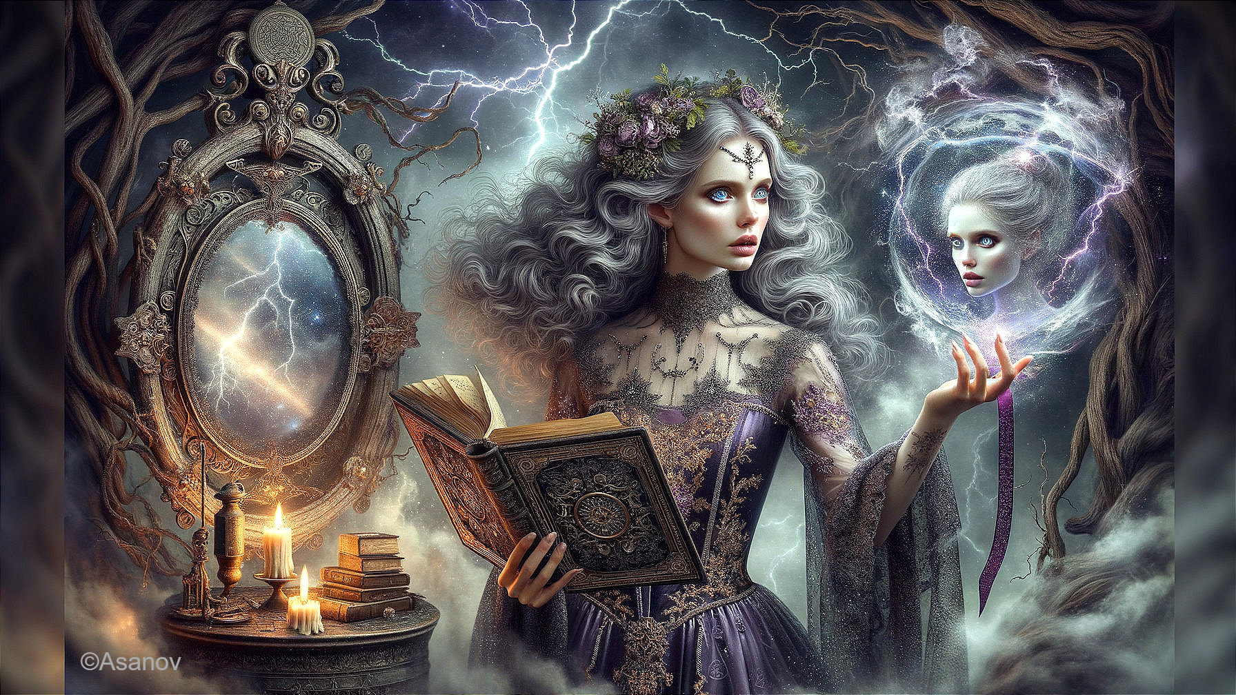 Mystical Woman with Orb and Book in Enchanted Setting
