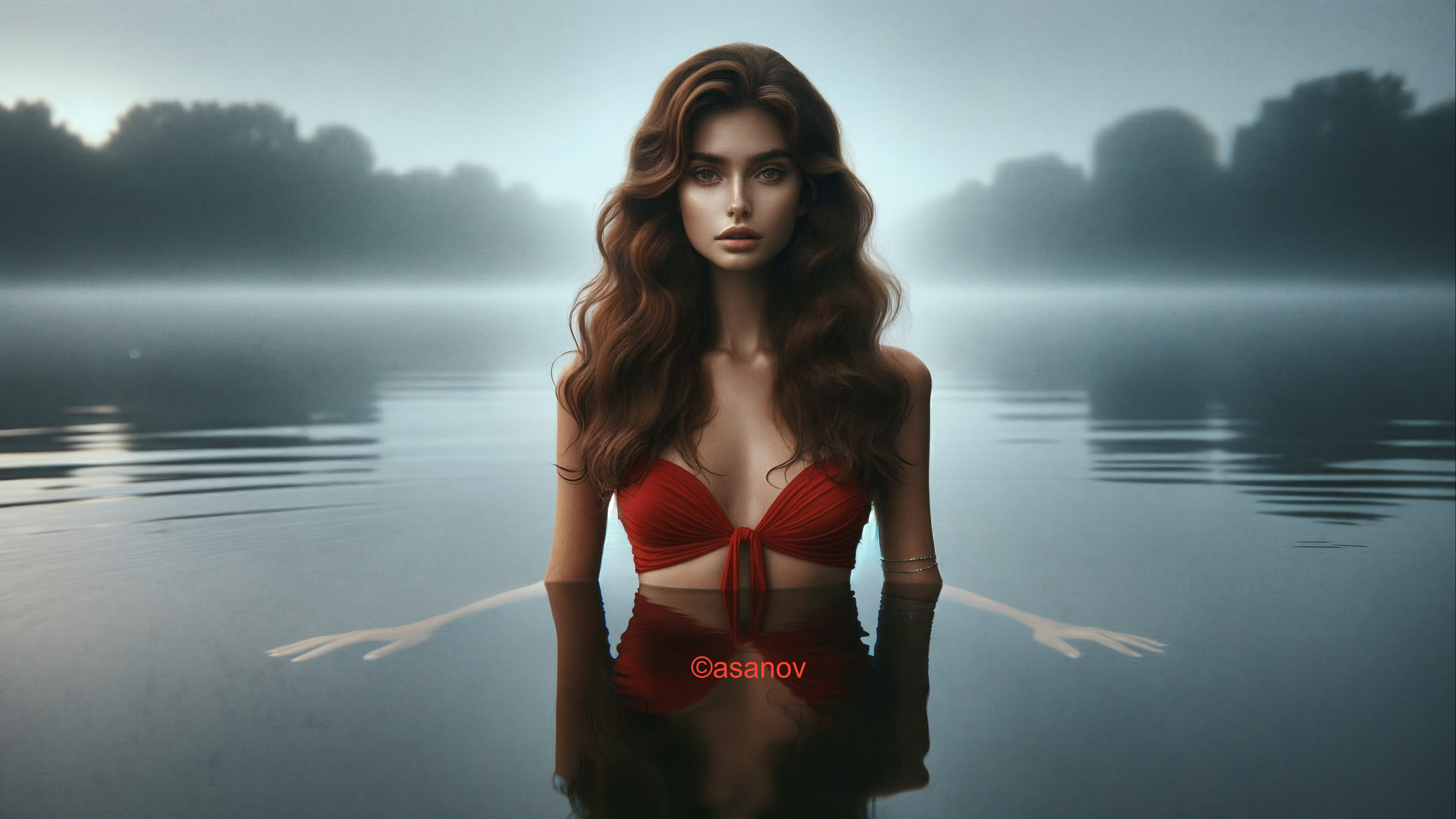 Woman in Red Bikini Surrounded by Misty Water Scene