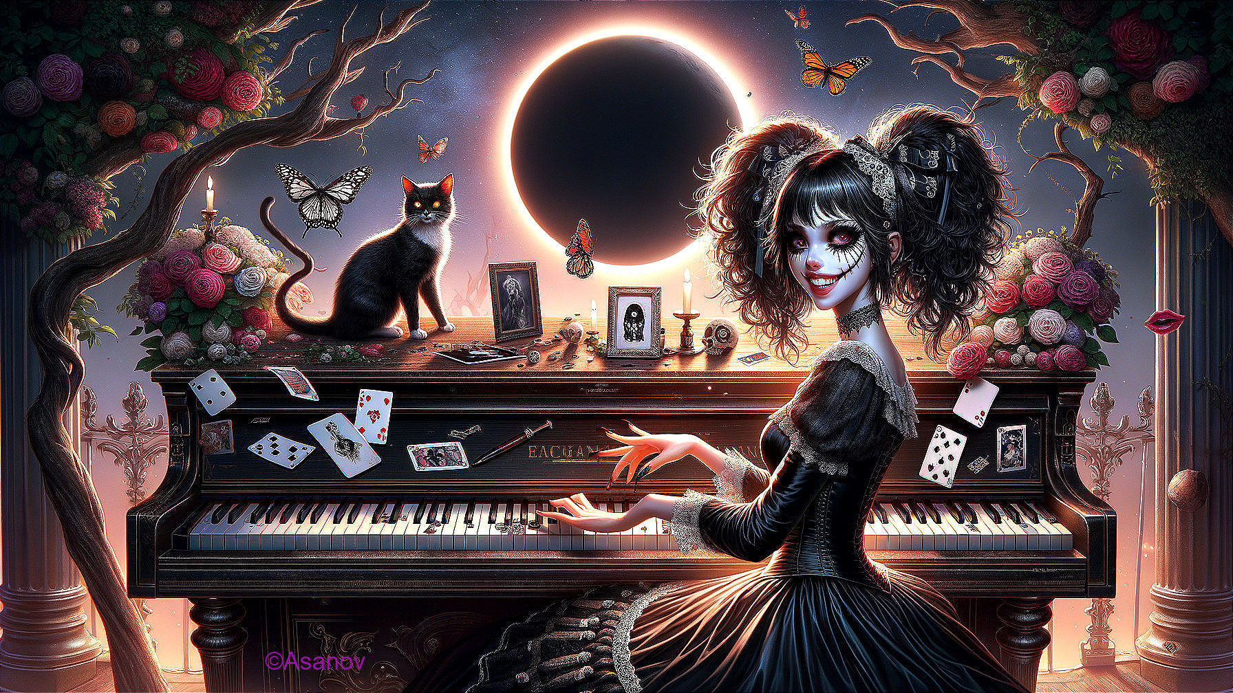 Whimsical Scene of Woman at Piano During Eclipse