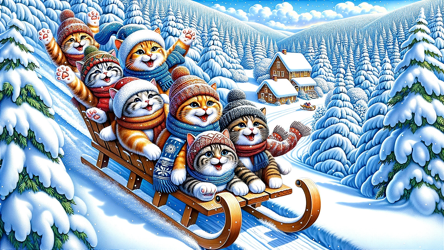 Charming winter scene with cats sledding in snow