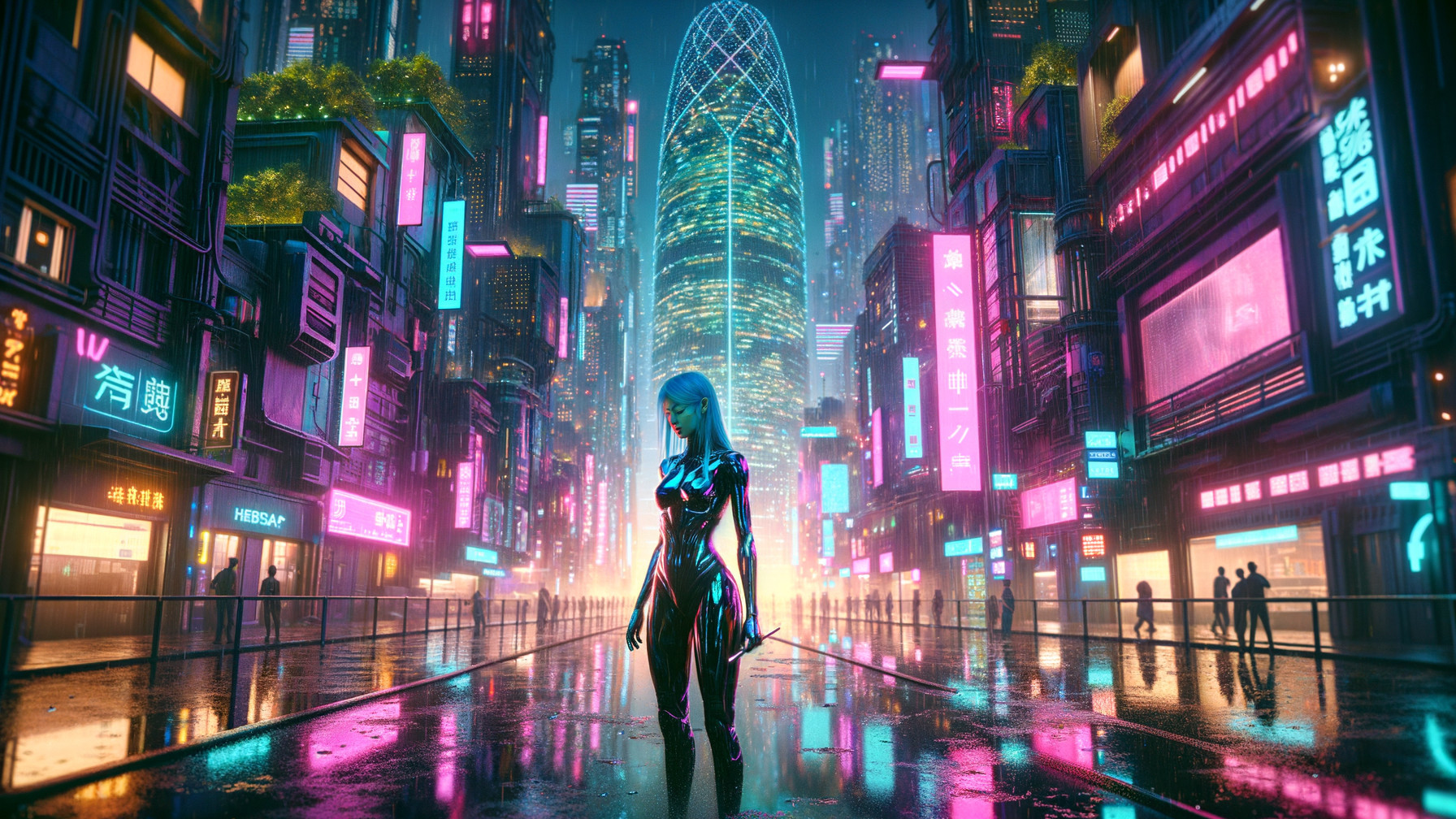 Futuristic cityscape with neon lights and skyscrapers