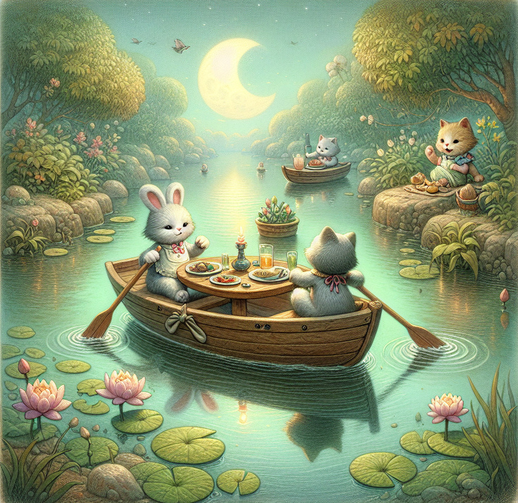 Adorable Animals on a Moonlit Lake Picnic