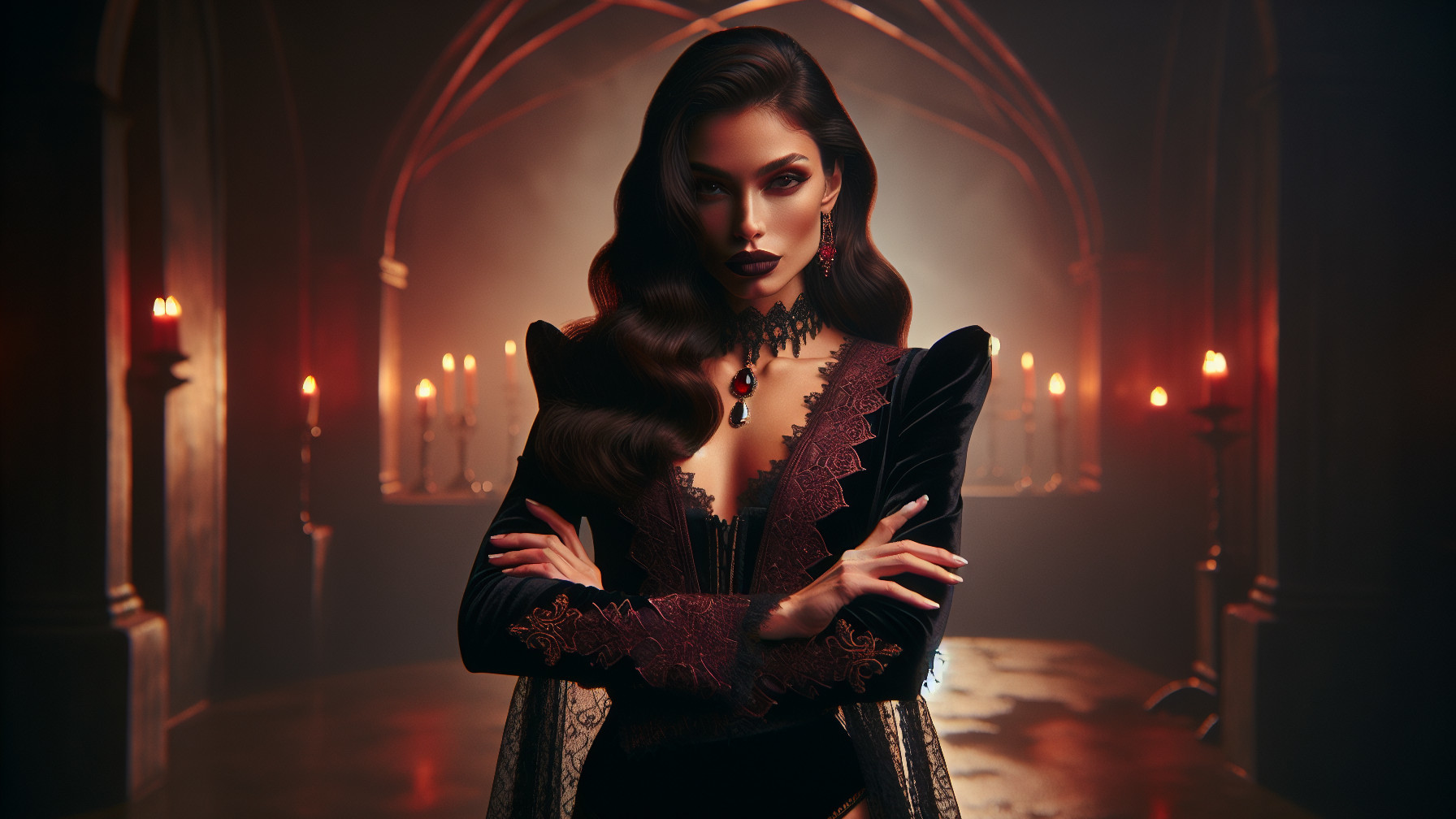 Gothic vampire queen in luxurious black and red gown