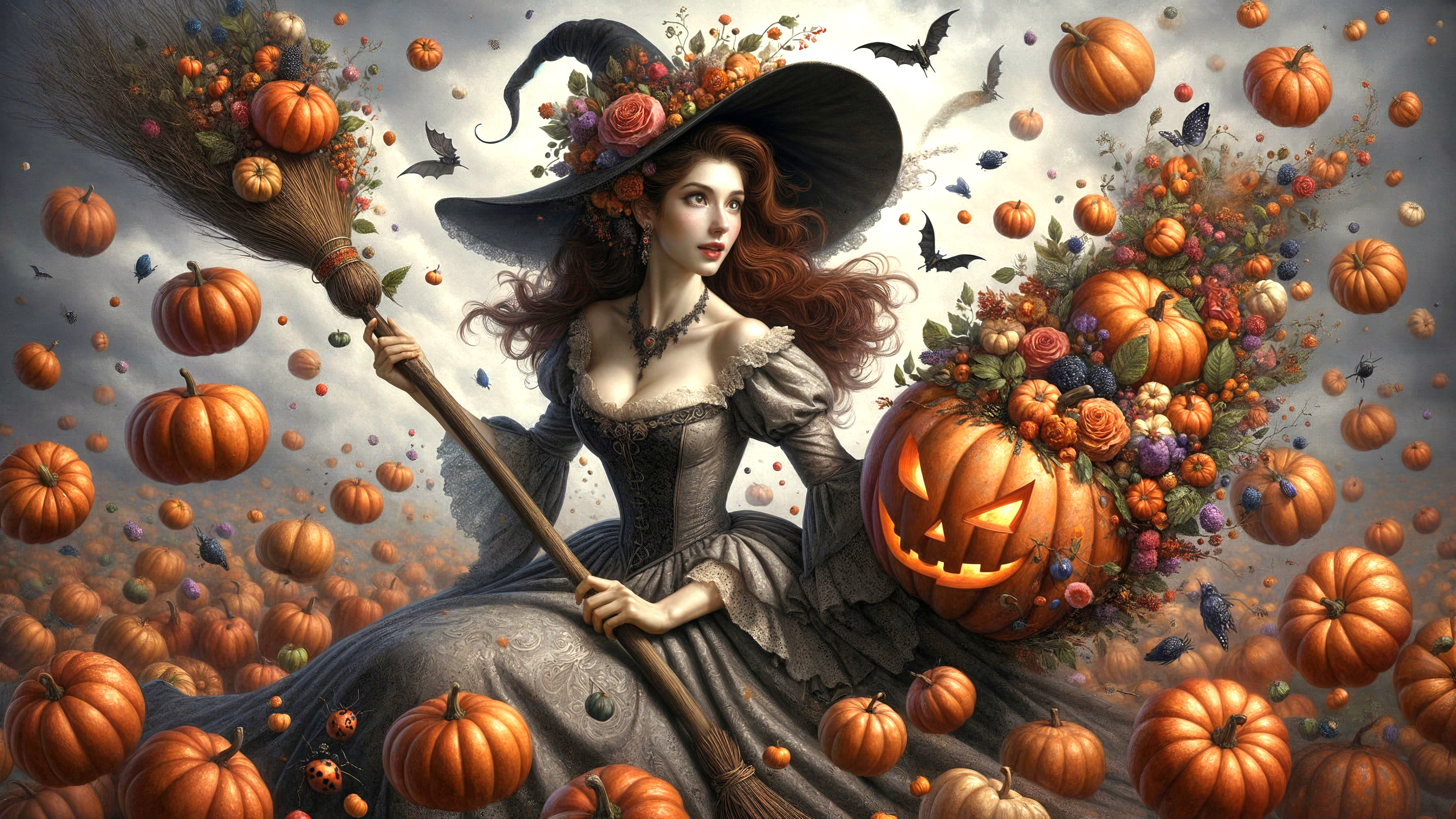 Witch with Red Hair on Broomstick in Autumn Scene