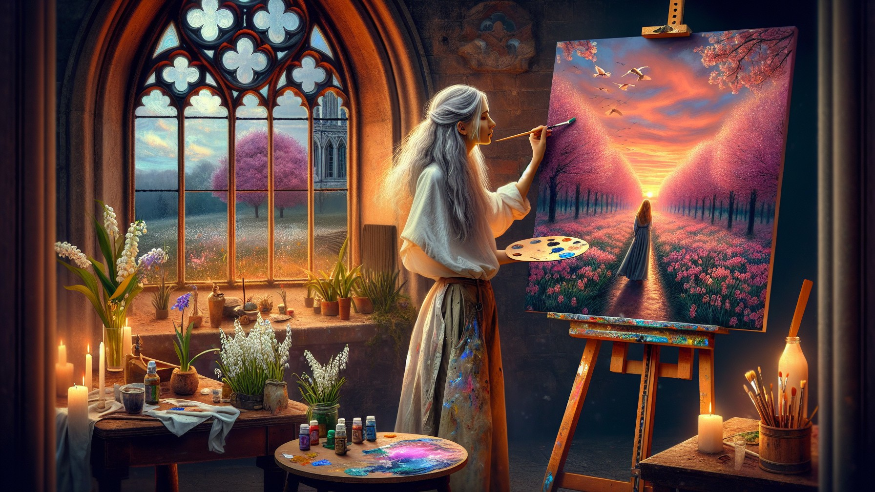 Cozy Artist Studio with Vibrant Sunset Painting