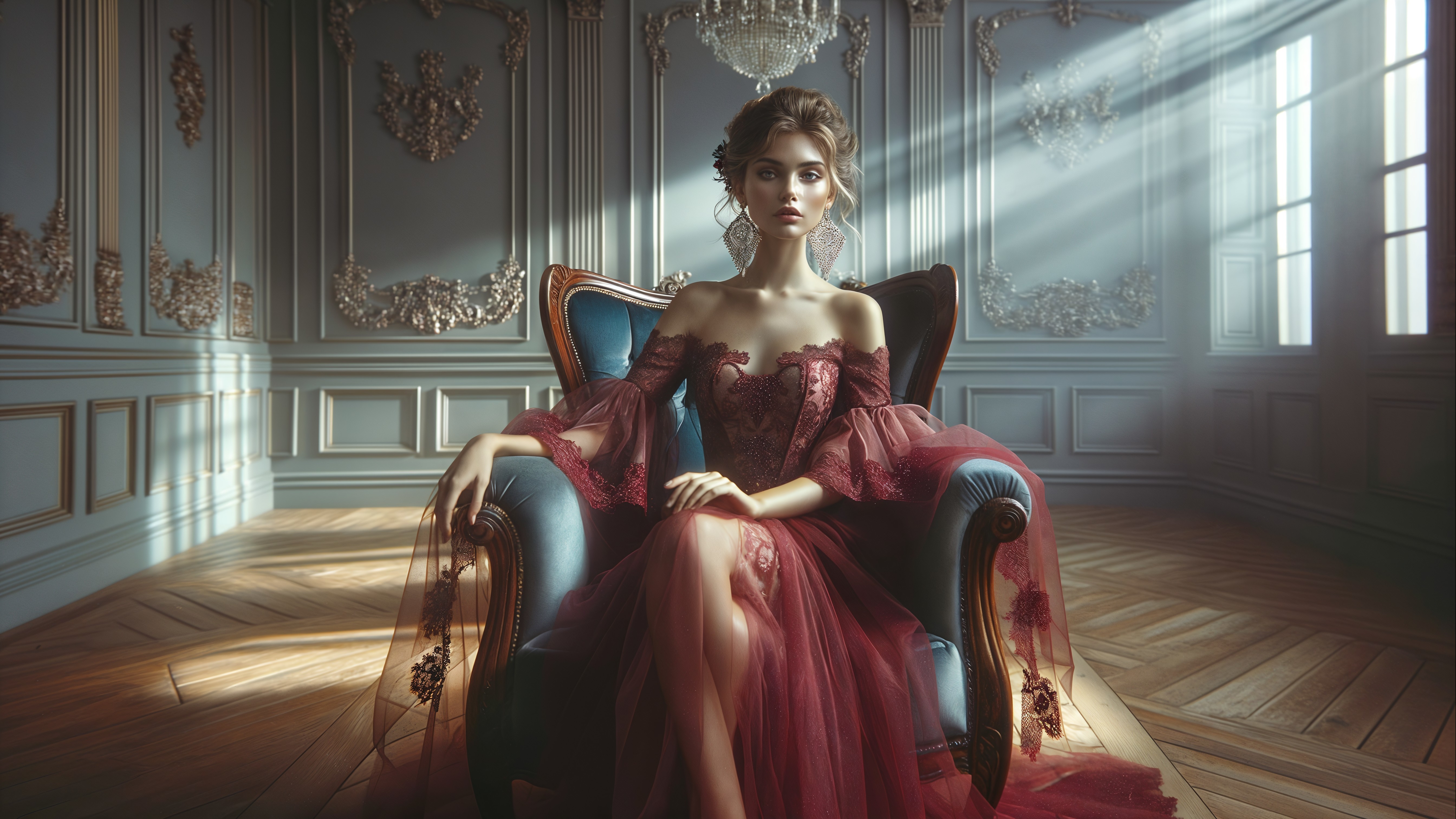 Elegant Woman in Richly Decorated Room with Gown