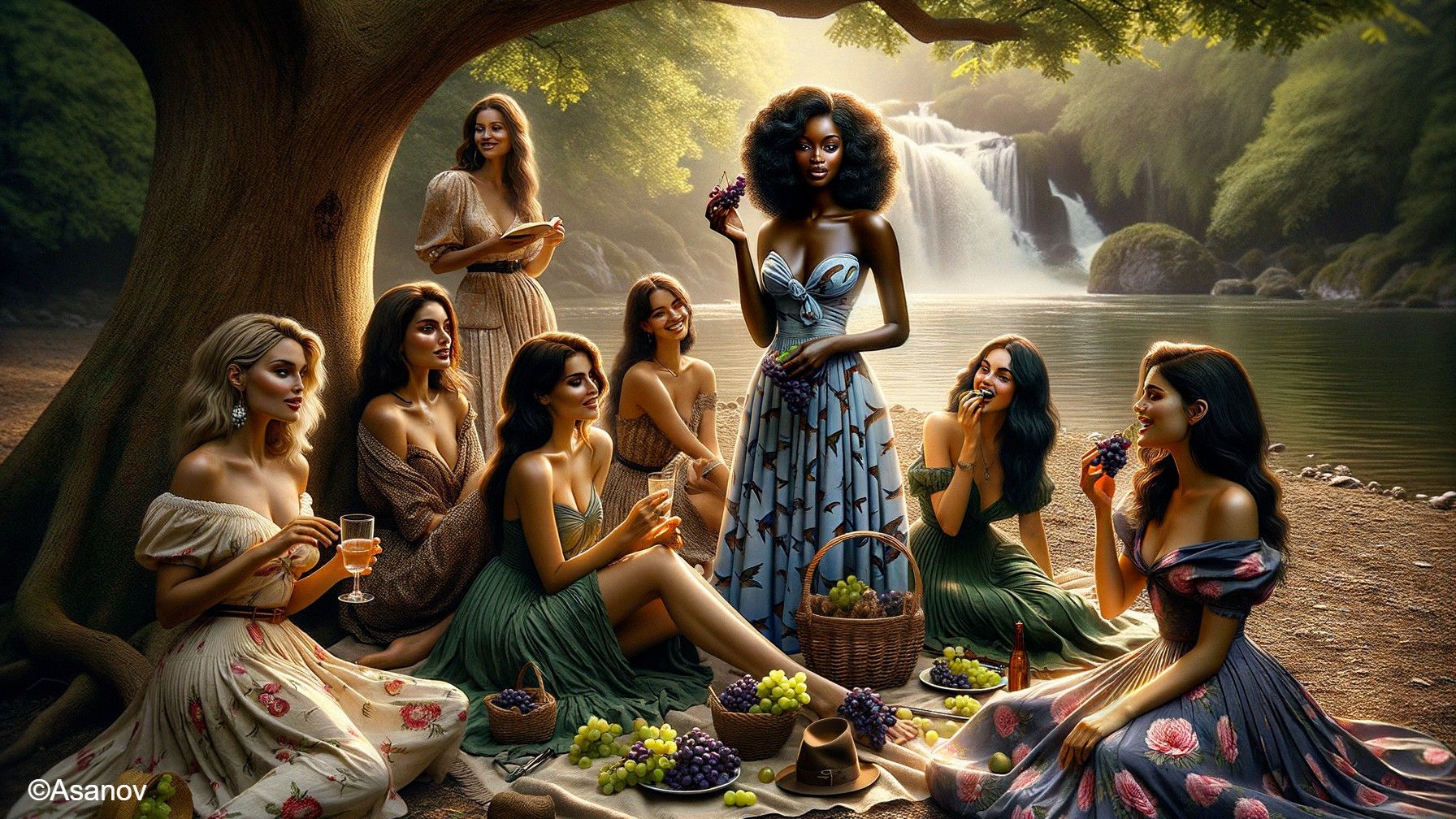 Picnic Gathering by a Waterfall with Diverse Women