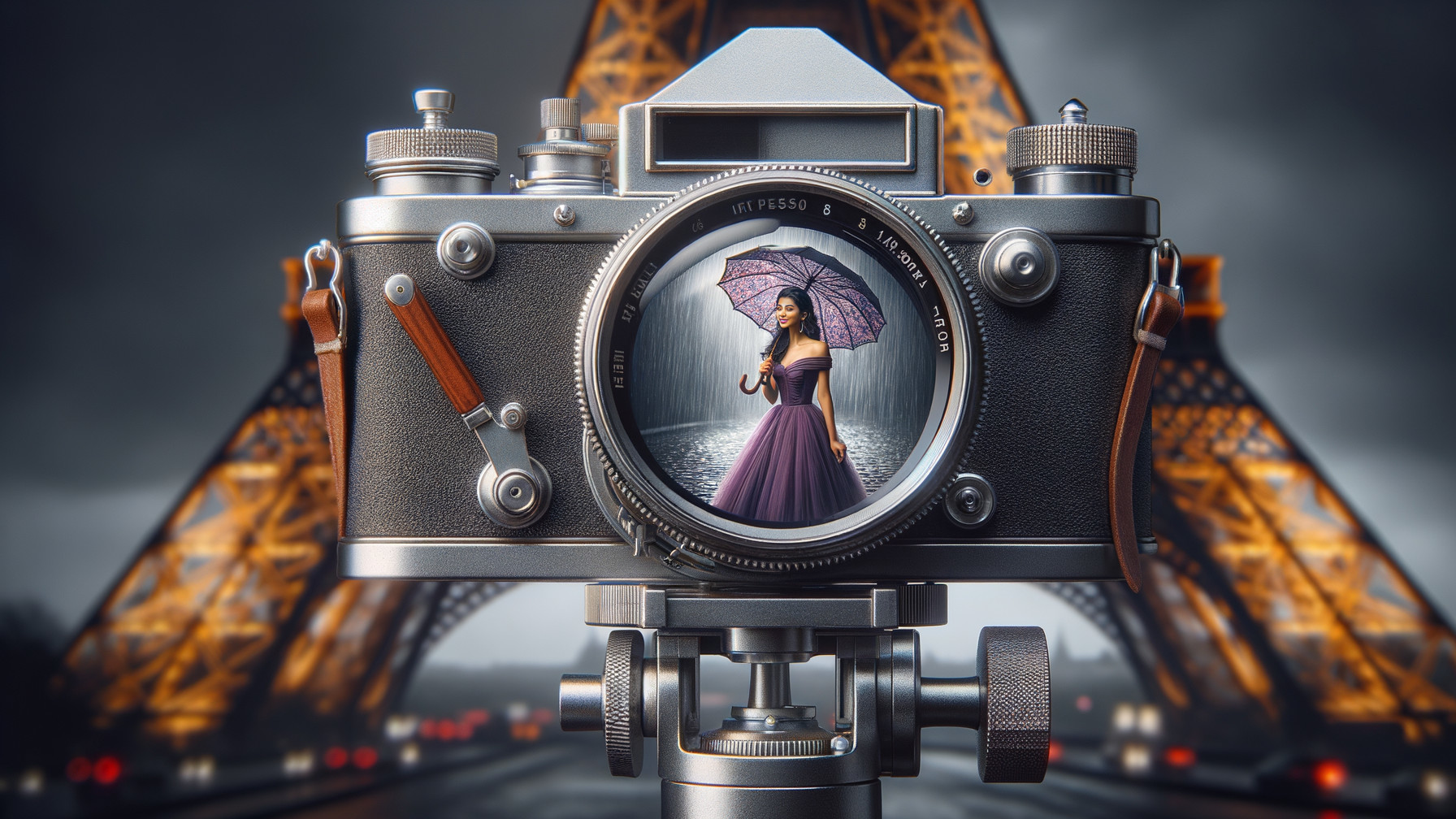 Vintage Camera Captures Woman in Purple Dress by Eiffel Tower