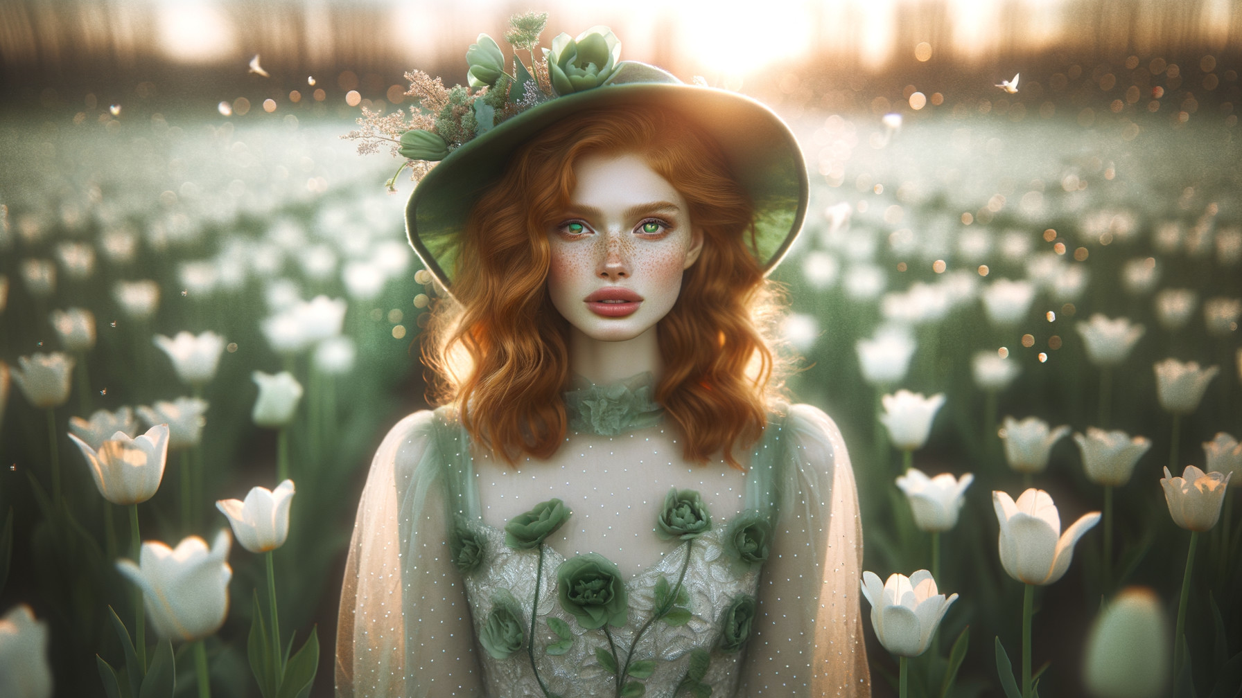 Portrait of a Woman in a Tulip Field at Sunset