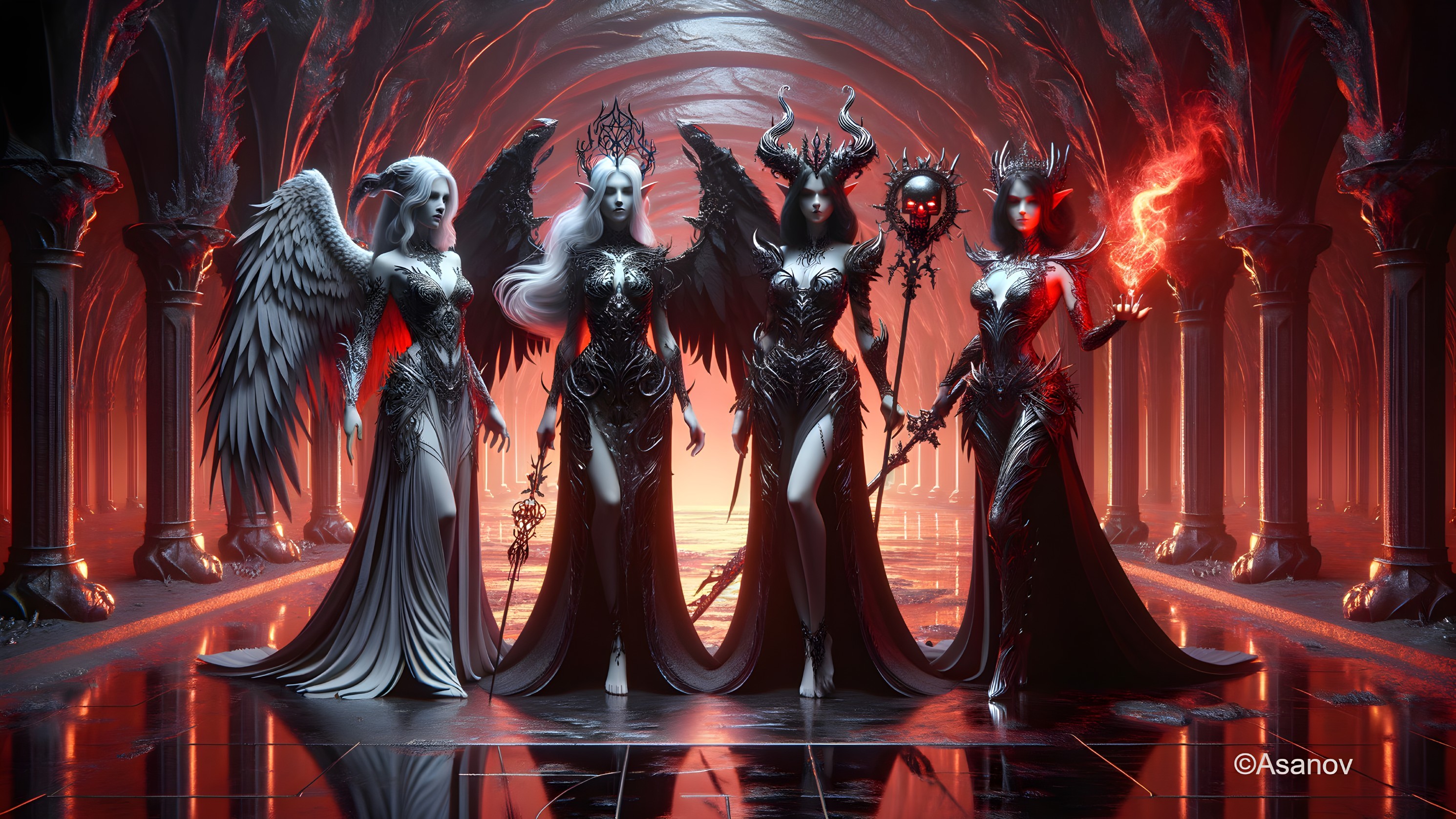 Gothic Female Figures in Dark Gowns and Headpieces