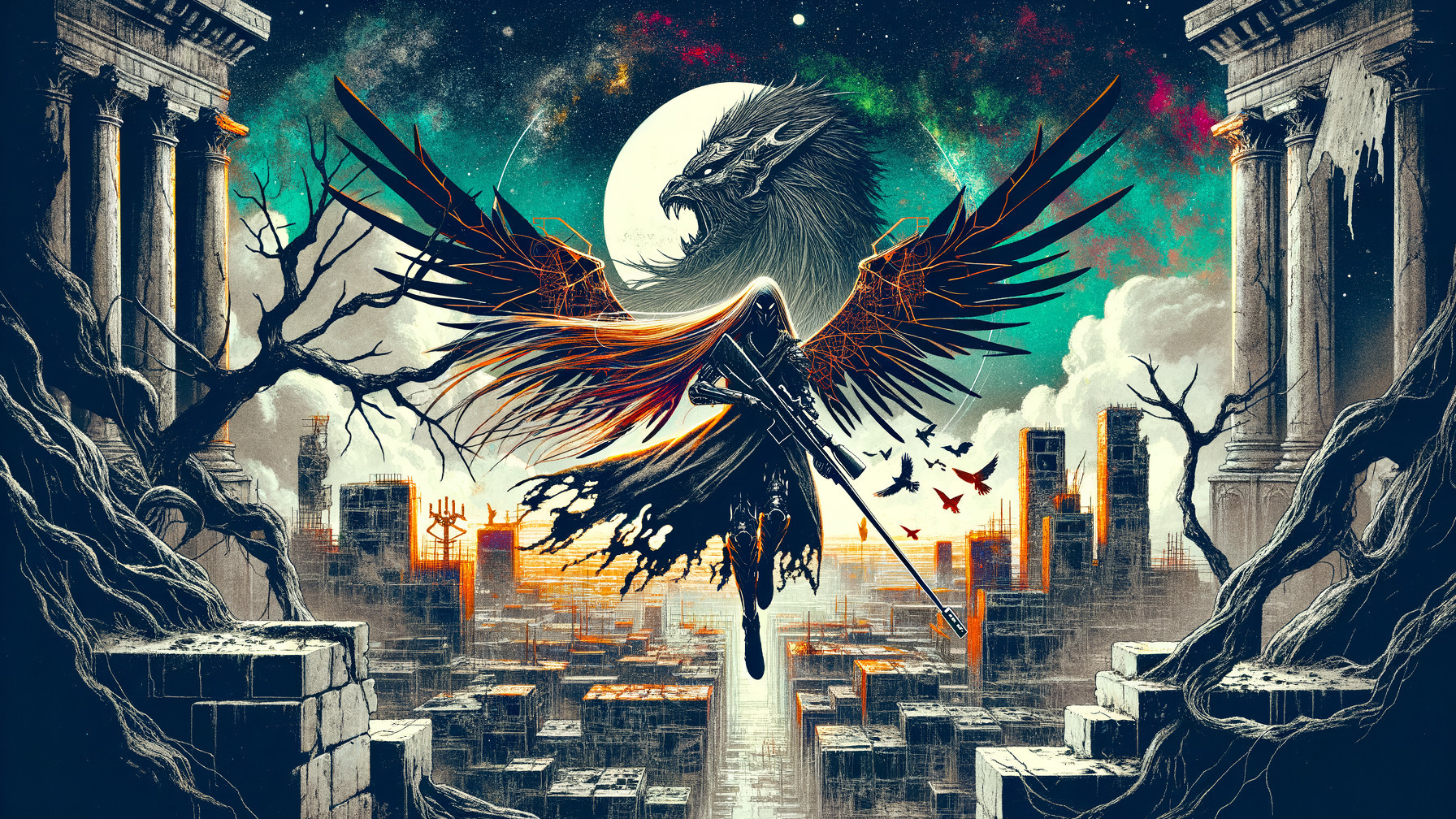 Mysterious Figure with Fiery Wings in Cosmic Ruins