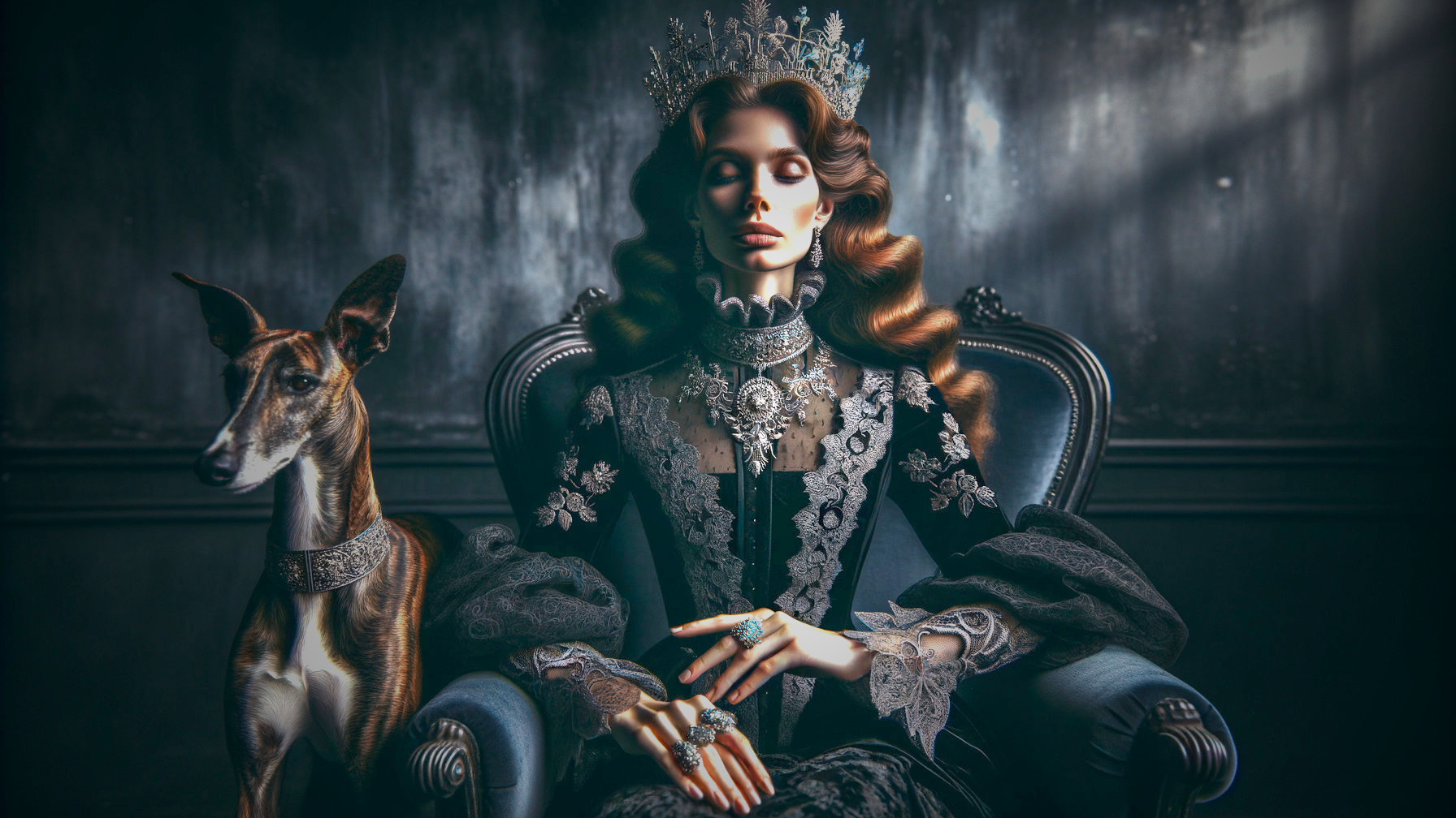 Regal Woman in Lavish Chair with Greyhound Companion
