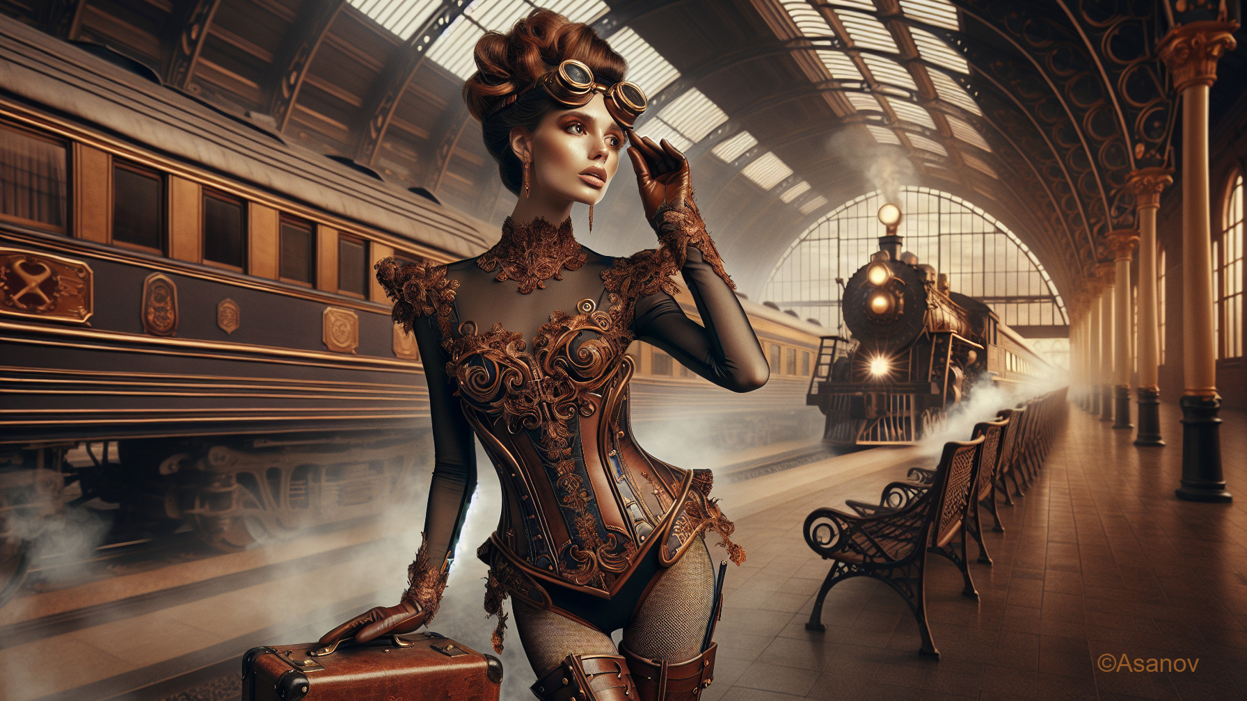 Steampunk Train Station with Elegant Vintage Fashion
