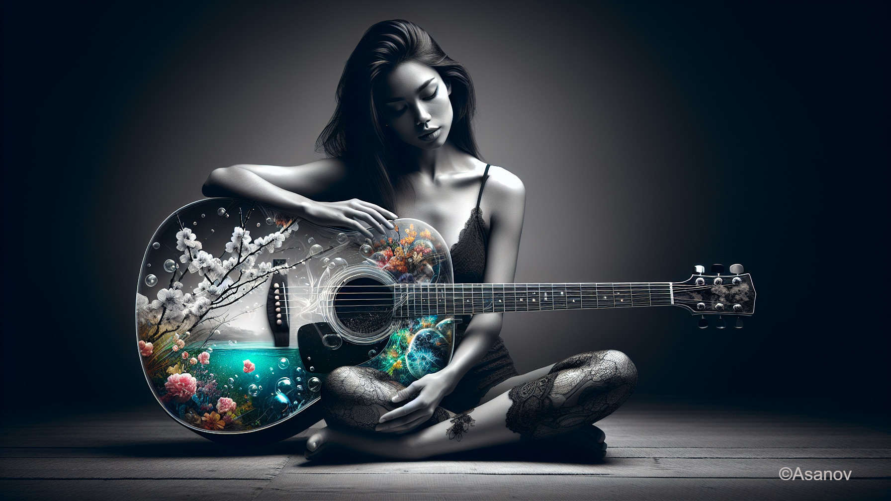 Serene Woman with Floral Guitar in Dreamy Atmosphere